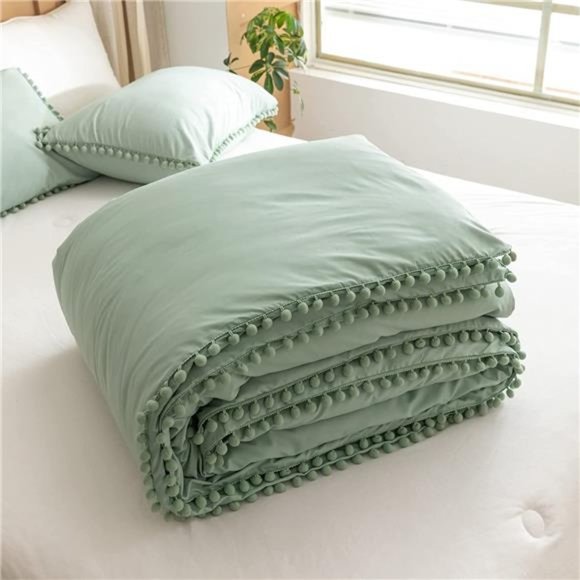 Sage Green Queen Comforter Set Ball Pom Fringe Design 3pcs, Aesthetic - Picture 4 of 6